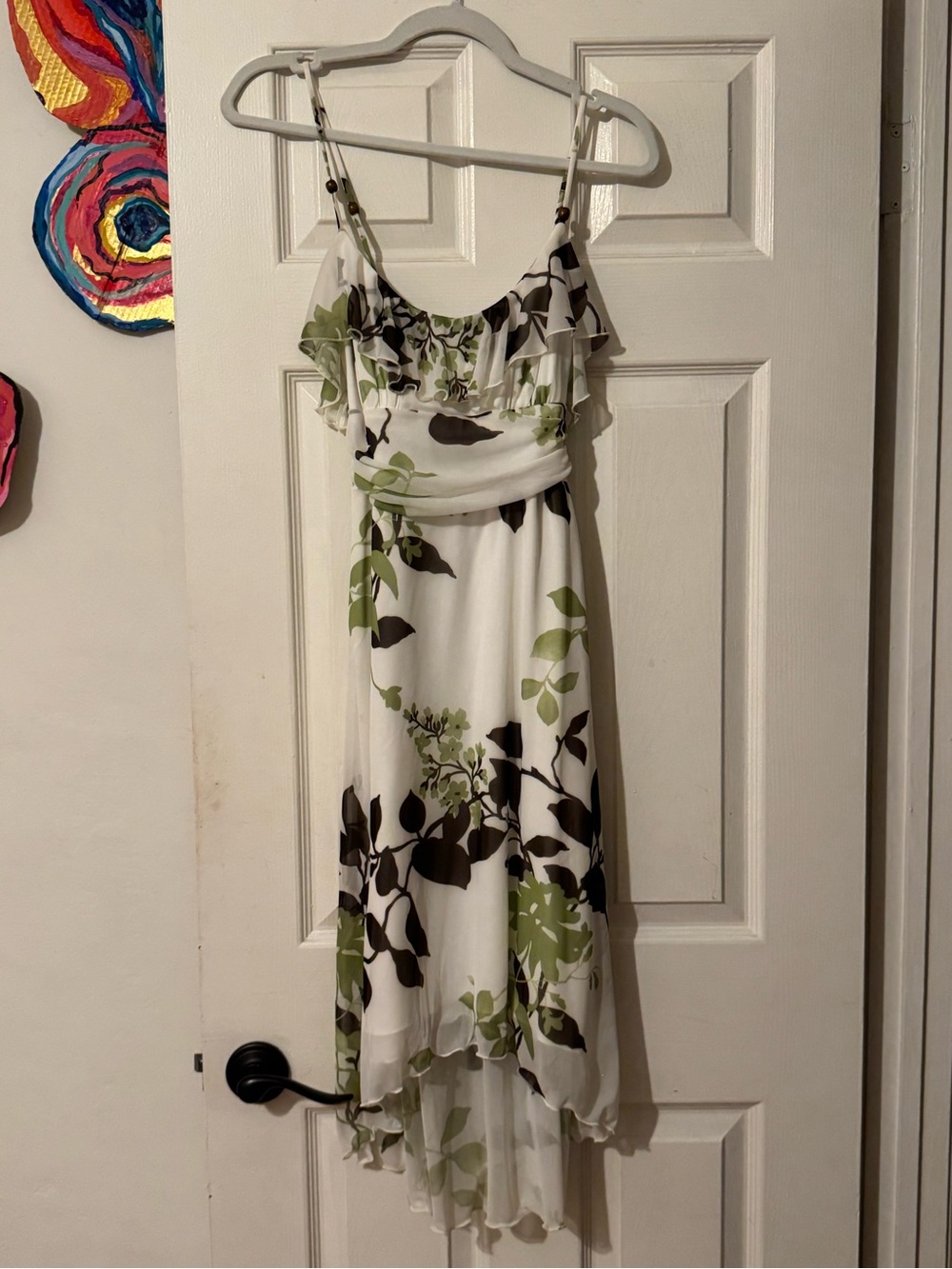 Vintage White Midi Dress with Green and Brown Floral Print